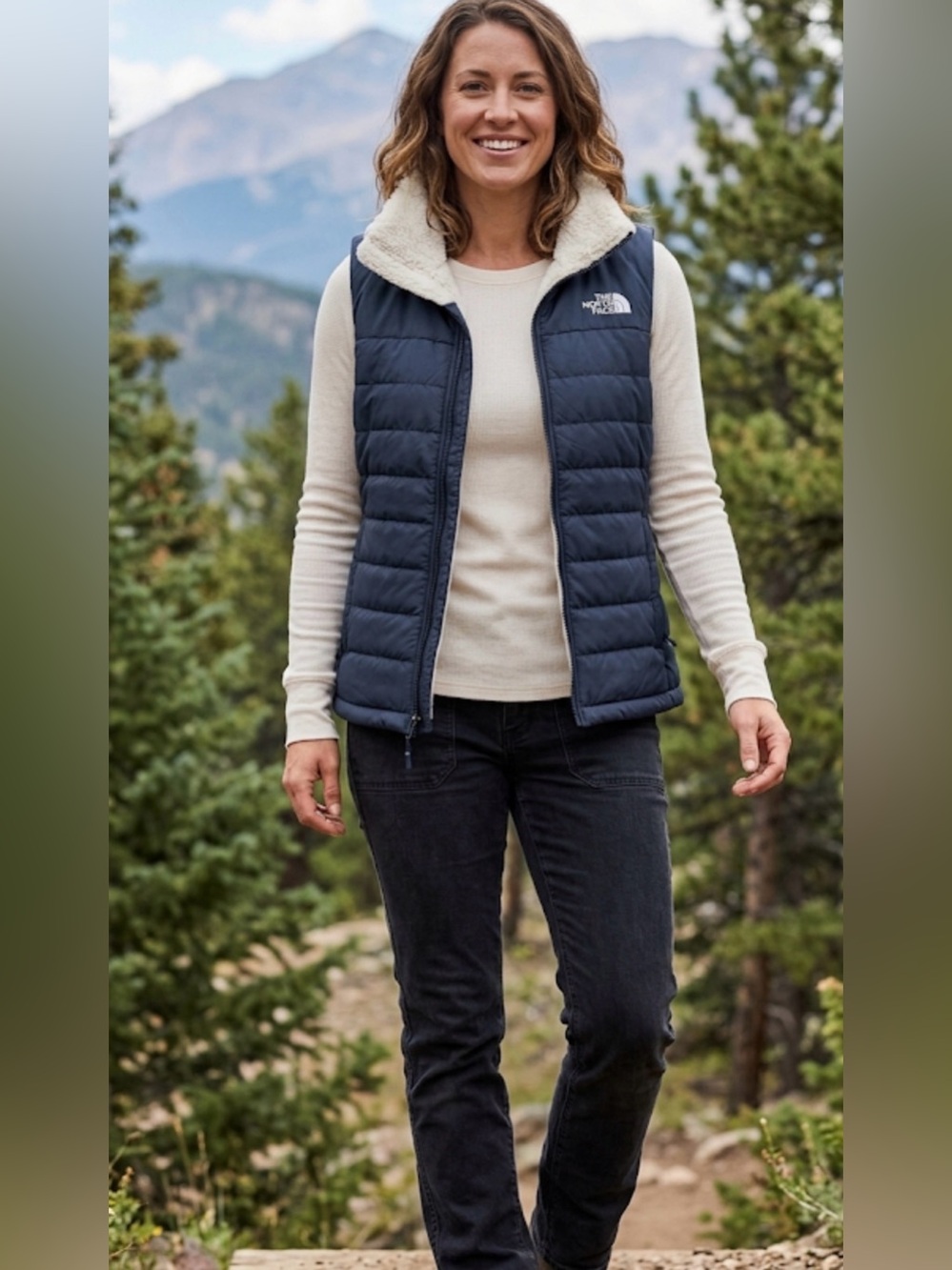 The North Face Women's Navy Quilted Puffer Vest with Sherpa Collar